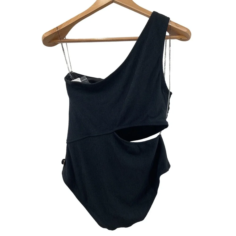 Michael Kors Black One Shoulder Cutout One Piece Swimsuit Belted MM7Y827 Size 14